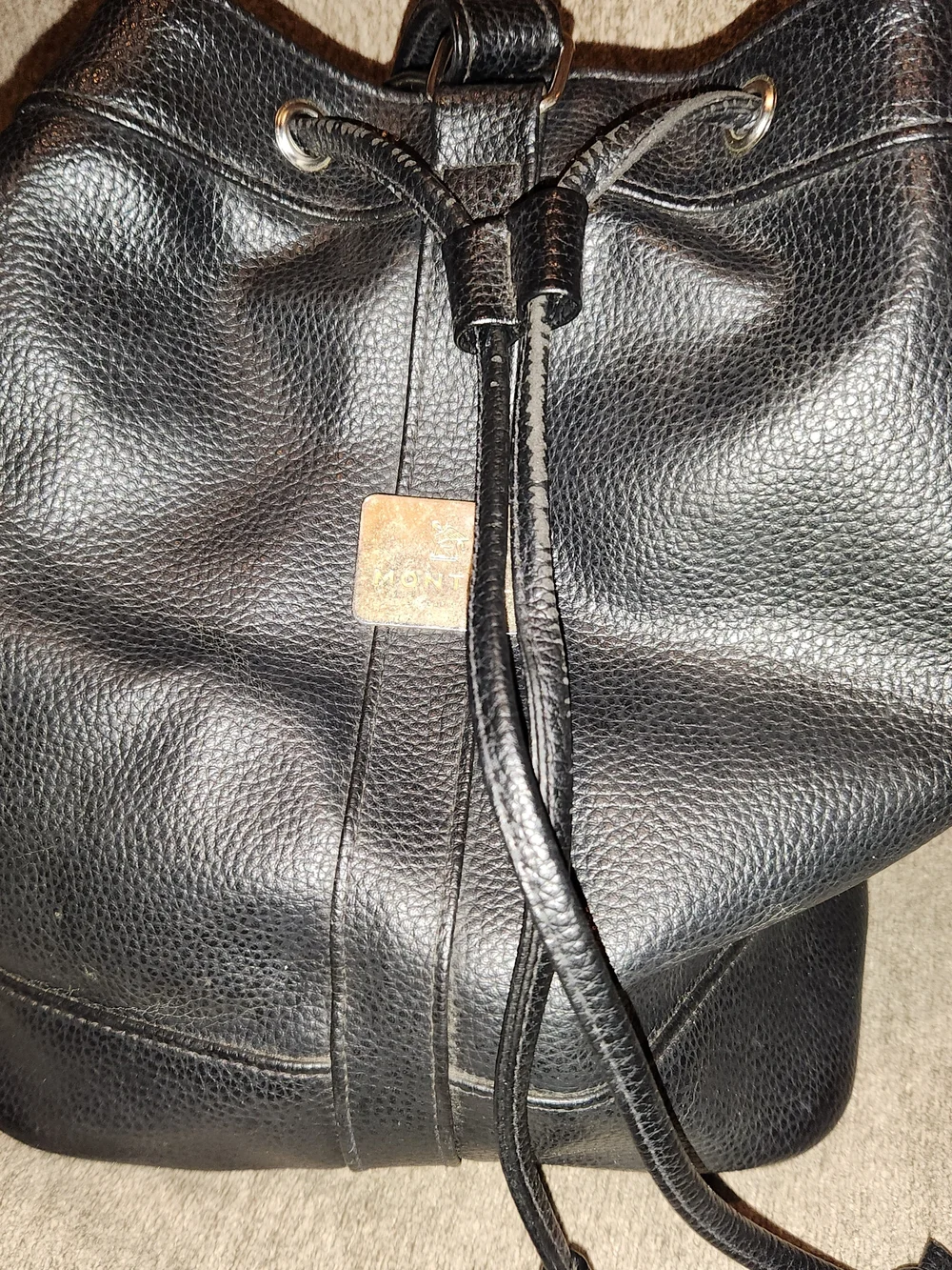 Monteil Paris Black Bucket Leather Drawstring Bag